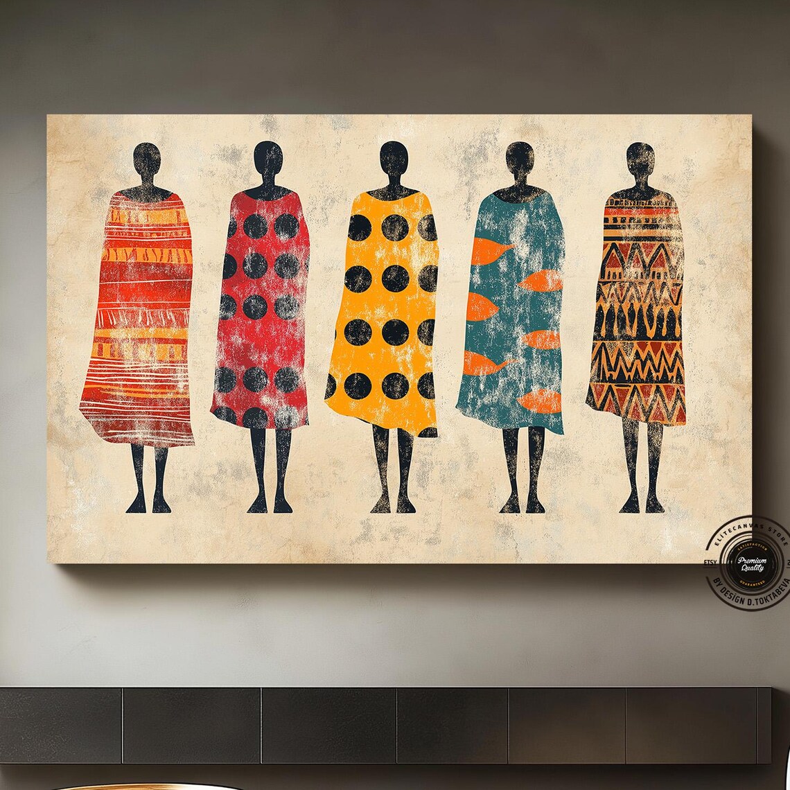 Five African Women in Colorful Tribal Robes Minimalist Art Poster