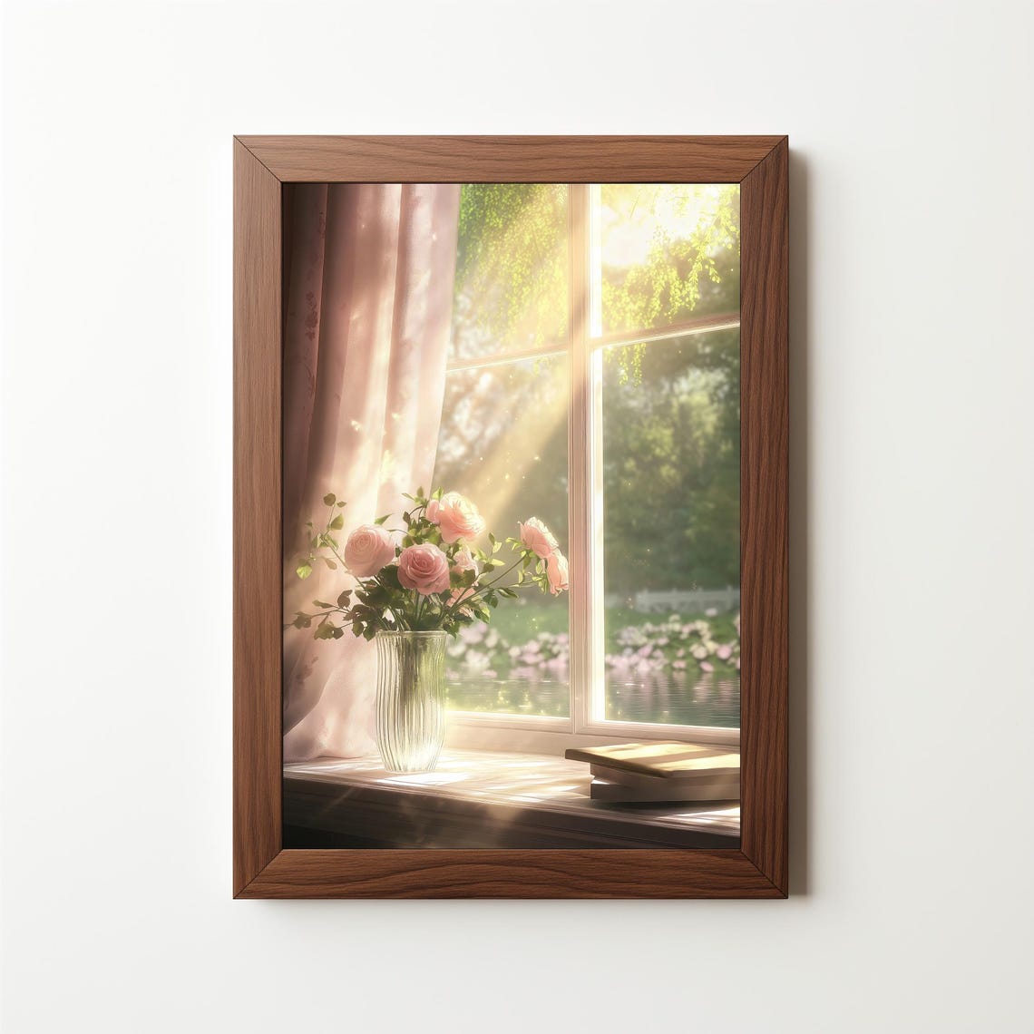 Pink Roses Sunny Window Garden View Dreamy Cottage Floral Oil Poster - Image 5