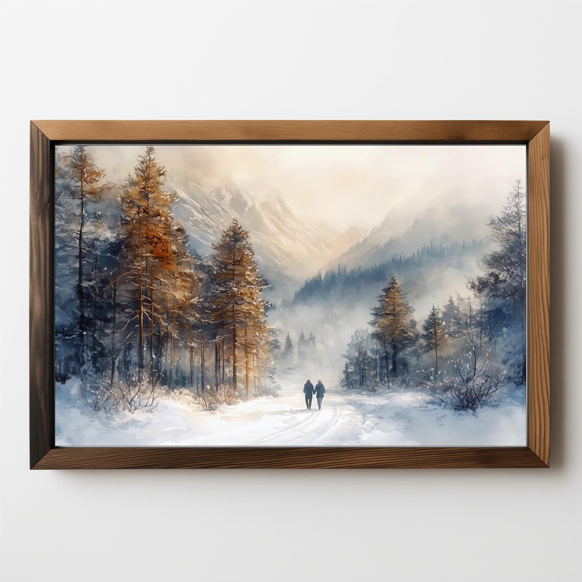 Snowy Winter Forest Path Misty Mountain Watercolor Travel Poster