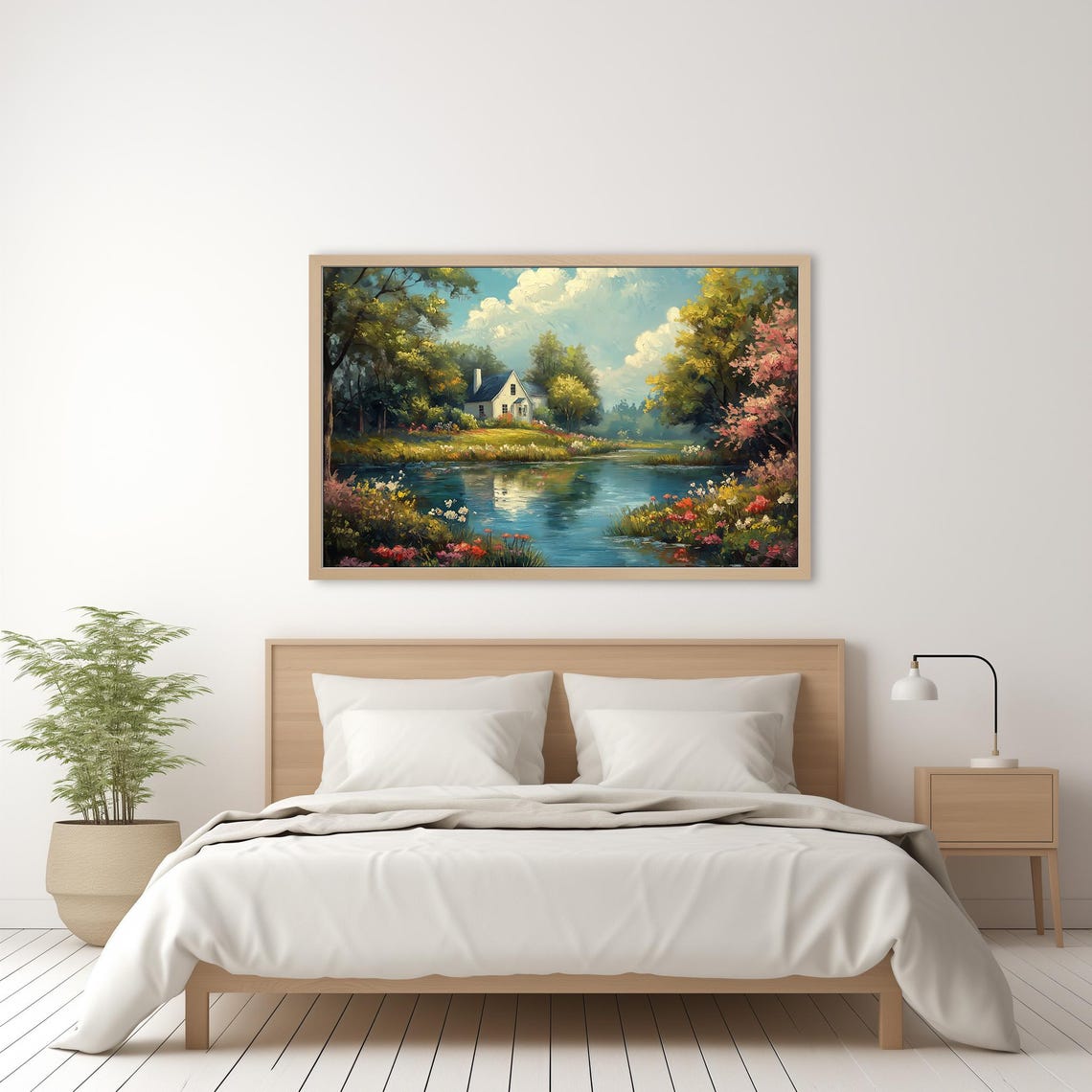 Charming Cottage By The Pond Spring Garden Flowers Landscape Poster - Image 4