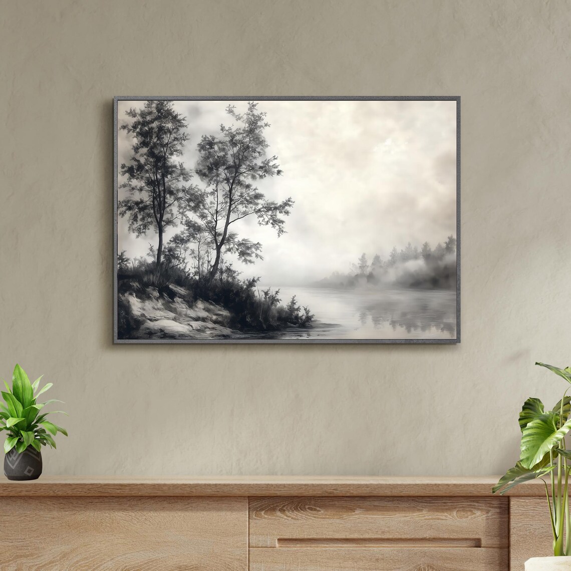 Misty Grey River Morning Fog Trees Monochrome Vintage Landscape Poster - Image 3