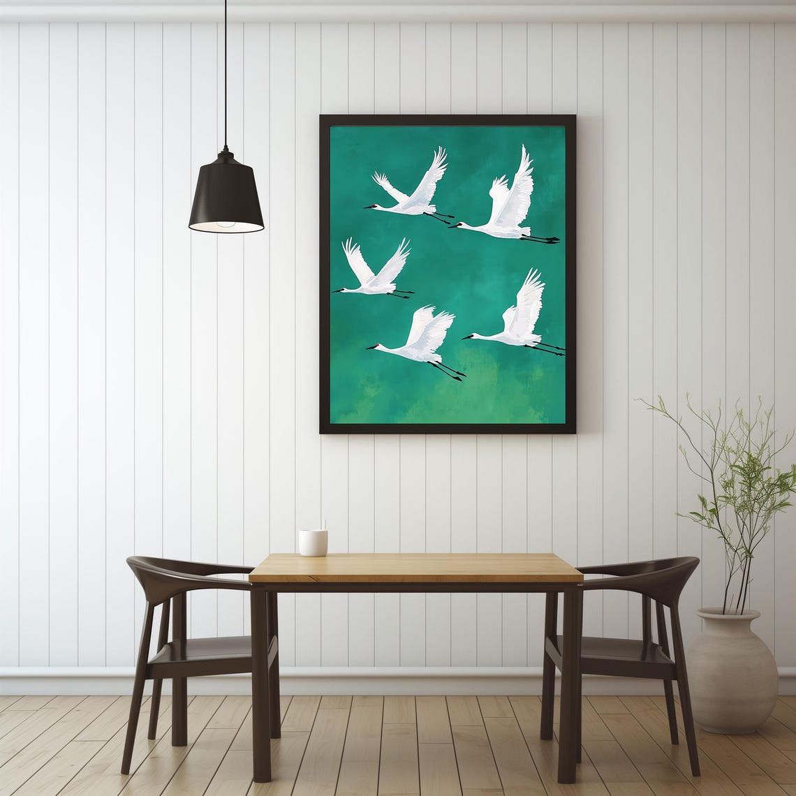 White Cranes In Flight On Emerald Green Background Art Print - Image 4
