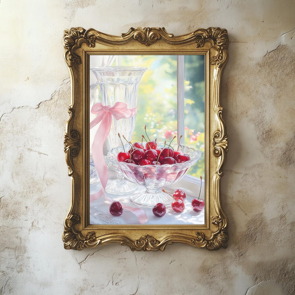 Cherry Still Life Crystal Bowl Pink Ribbon Sunny Window Kitchen Poster