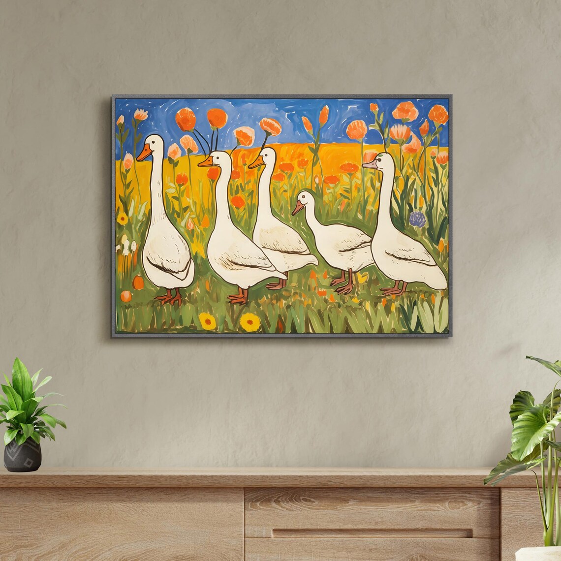 White Geese In Flower Meadow Folk Art Whimsical Farm Animal Poster - Image 3