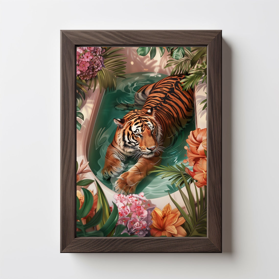 Tiger Relaxing In Bathtub Tropical Flowers Eclectic Jungle Art Poster - Image 5