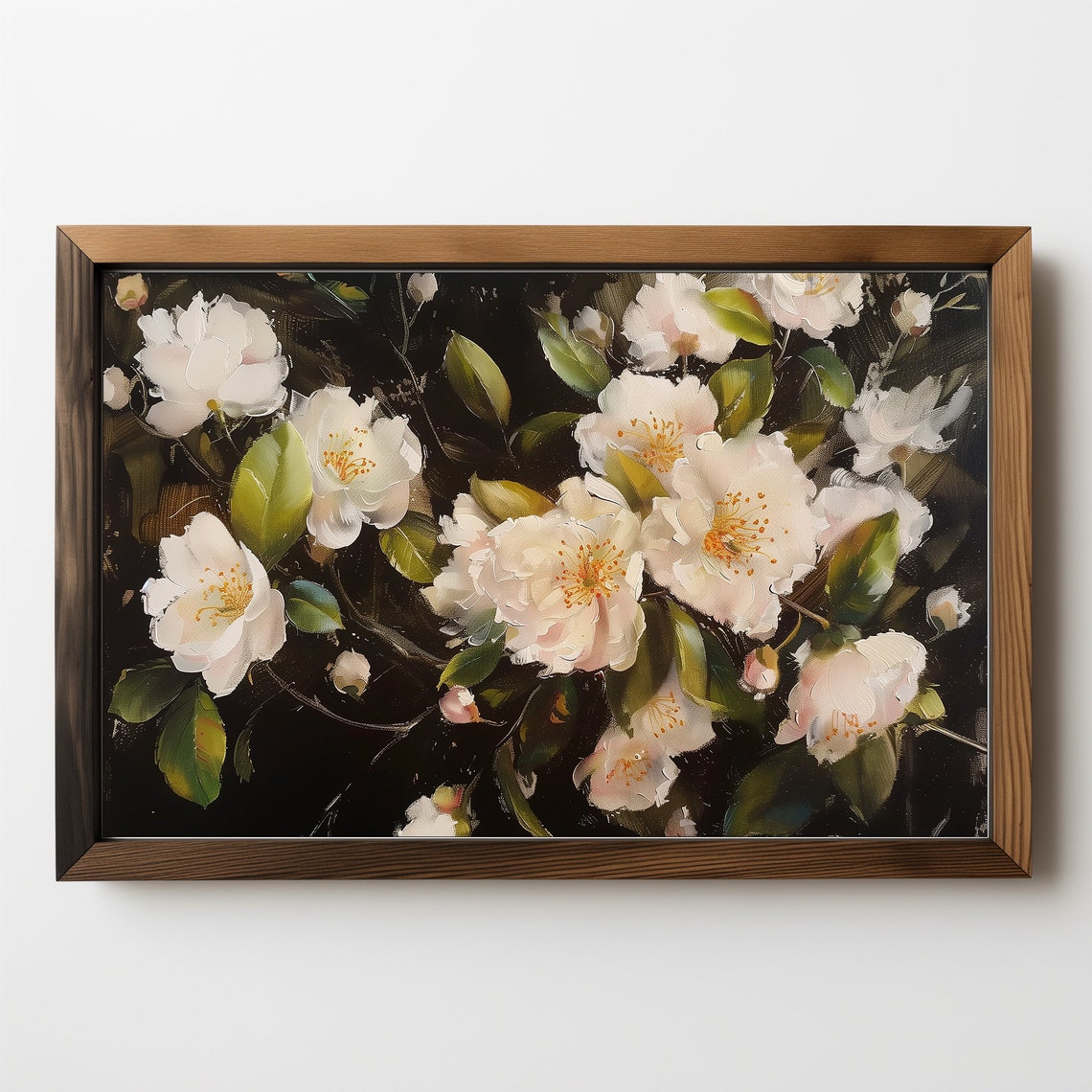 White Camellia Flowers On Dark Background Oil Painting Wall Art