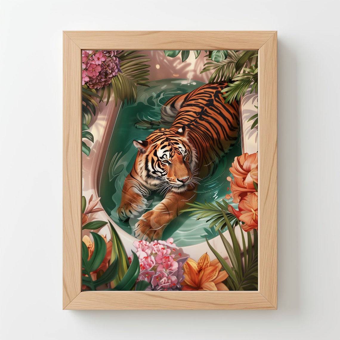 Tiger Relaxing In Bathtub Tropical Flowers Eclectic Jungle Art Poster - Image 4