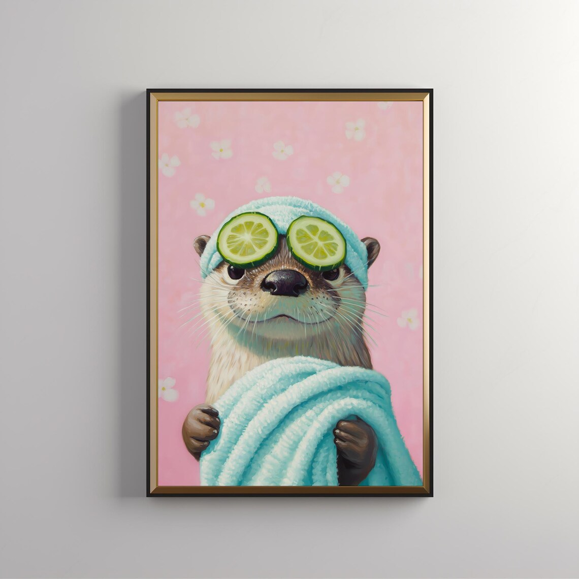 Funny Otter Spa Day Painting Cucumber Eyes Cute Pink Bathroom Wall Art