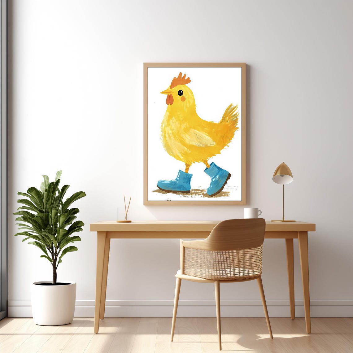 Cute Yellow Chicken Wearing Blue Boots Funny Watercolor Wall Art - Image 2