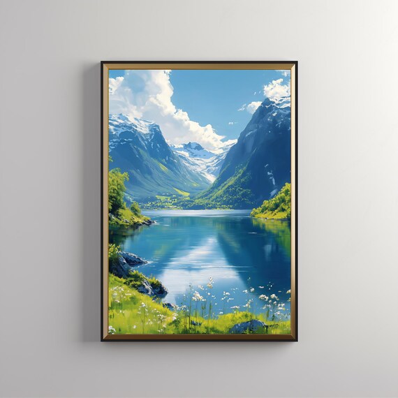 Nature Art Painting Mountain Art Print Large Wall Art Print Foggy Nordic Landscape Poster Mystic Forest Print 495