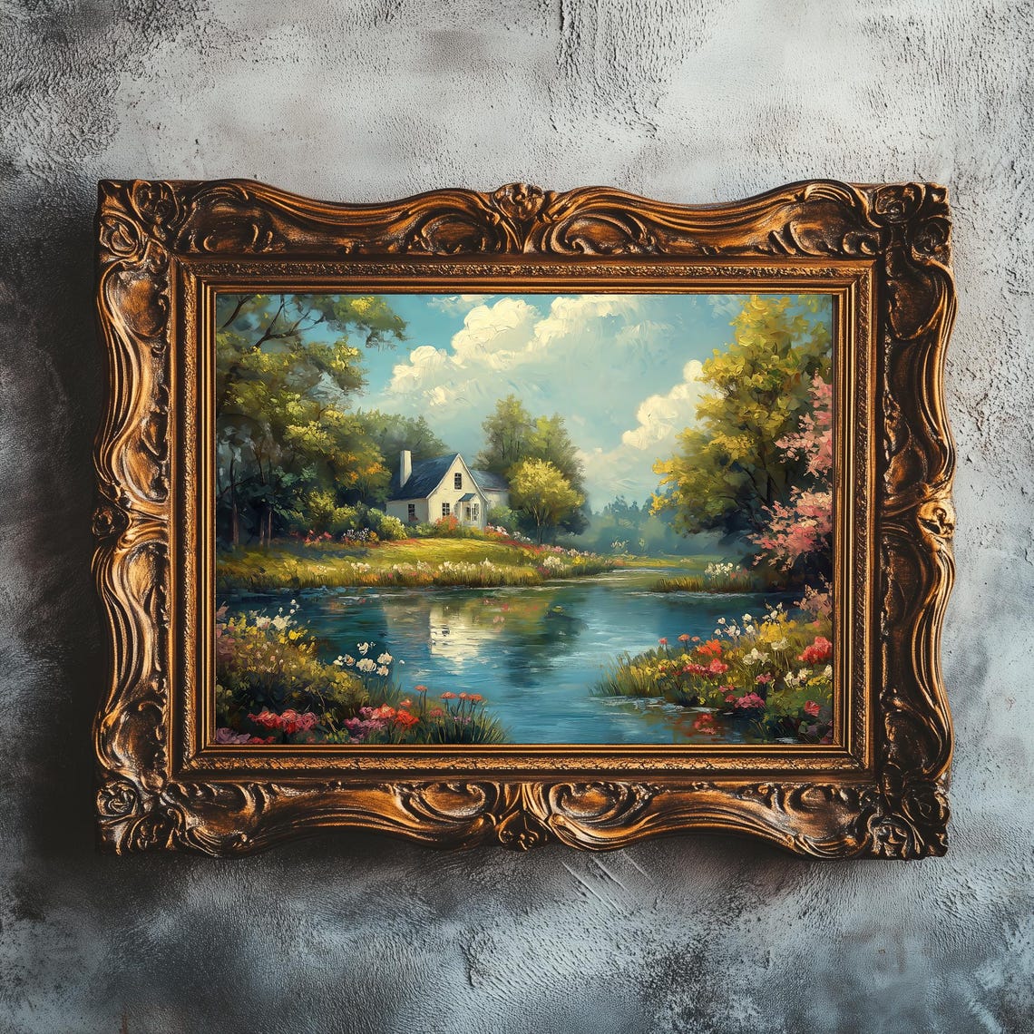 Charming Cottage By The Pond Spring Garden Flowers Landscape Poster - Image 5