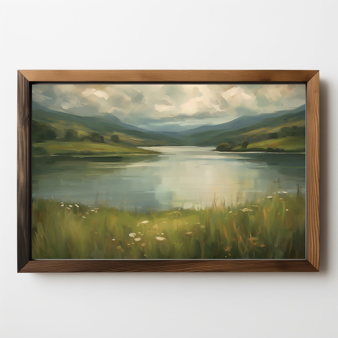 Misty Lake Rolling Green Hills Impressionist Valley Landscape Poster