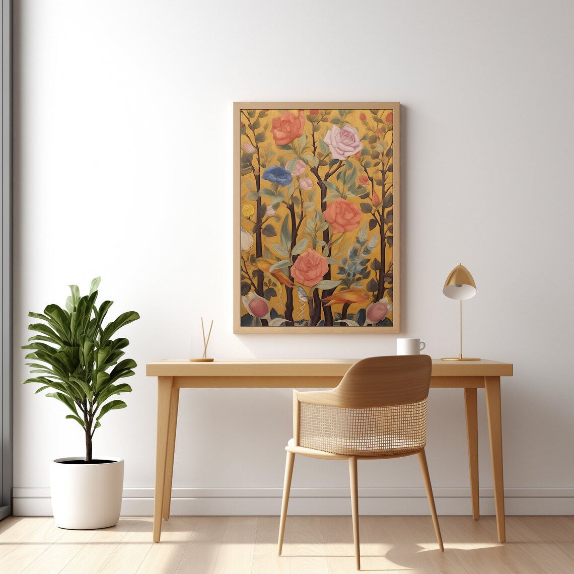 Folk Art Roses Birds Golden Background Vintage Botanical Style Poster - Image 2