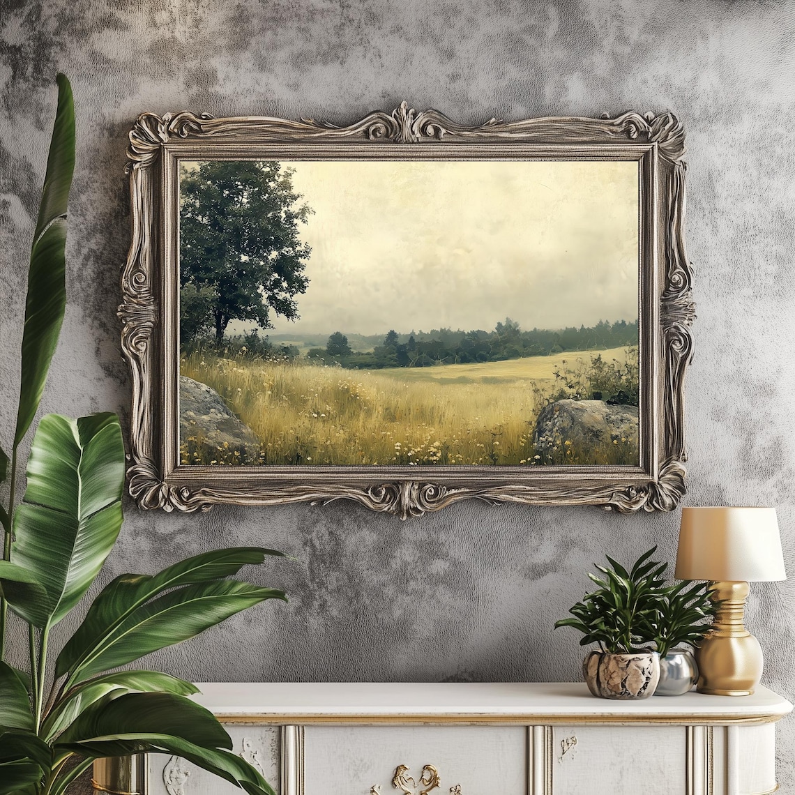 Moody Golden Countryside Field Vintage Landscape Painting Wall Art - Image 2