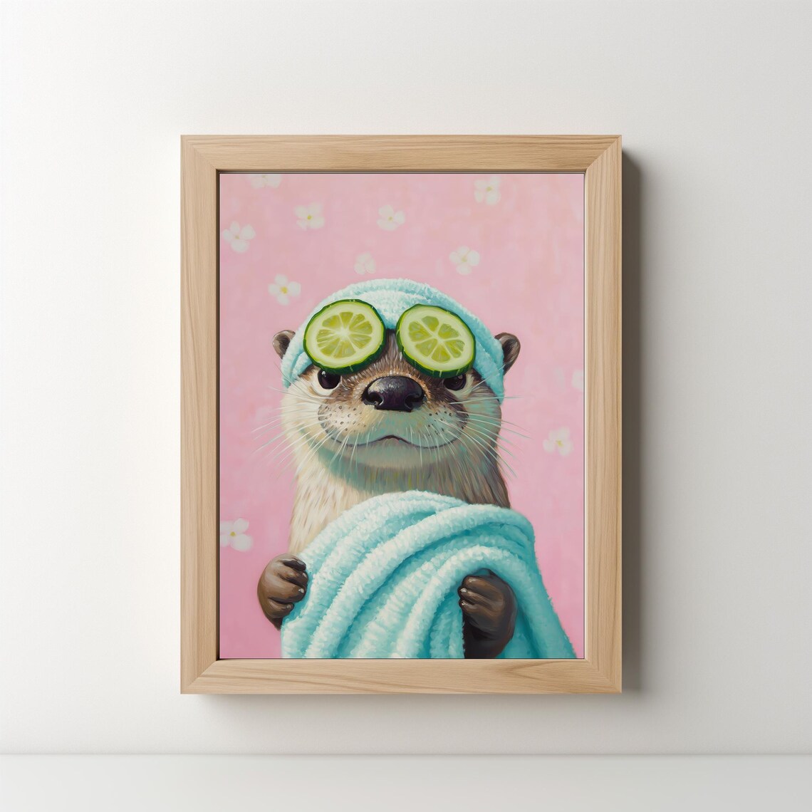 Funny Otter Spa Day Painting Cucumber Eyes Cute Pink Bathroom Wall Art - Image 5