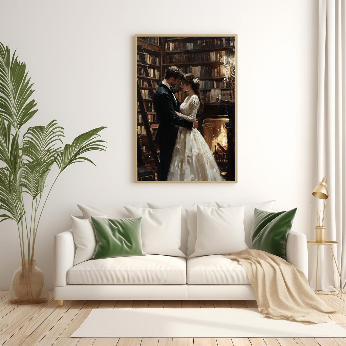 Romantic Couple in Vintage Library Fireplace Dark Academia Oil Poster - Image 3