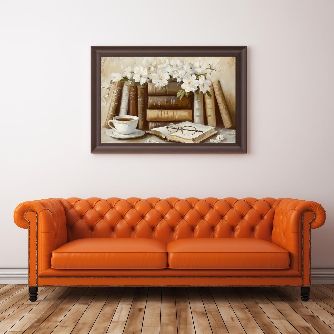 Vintage Books White Blossoms Tea Cup Light Academia Still Life Poster - Image 3