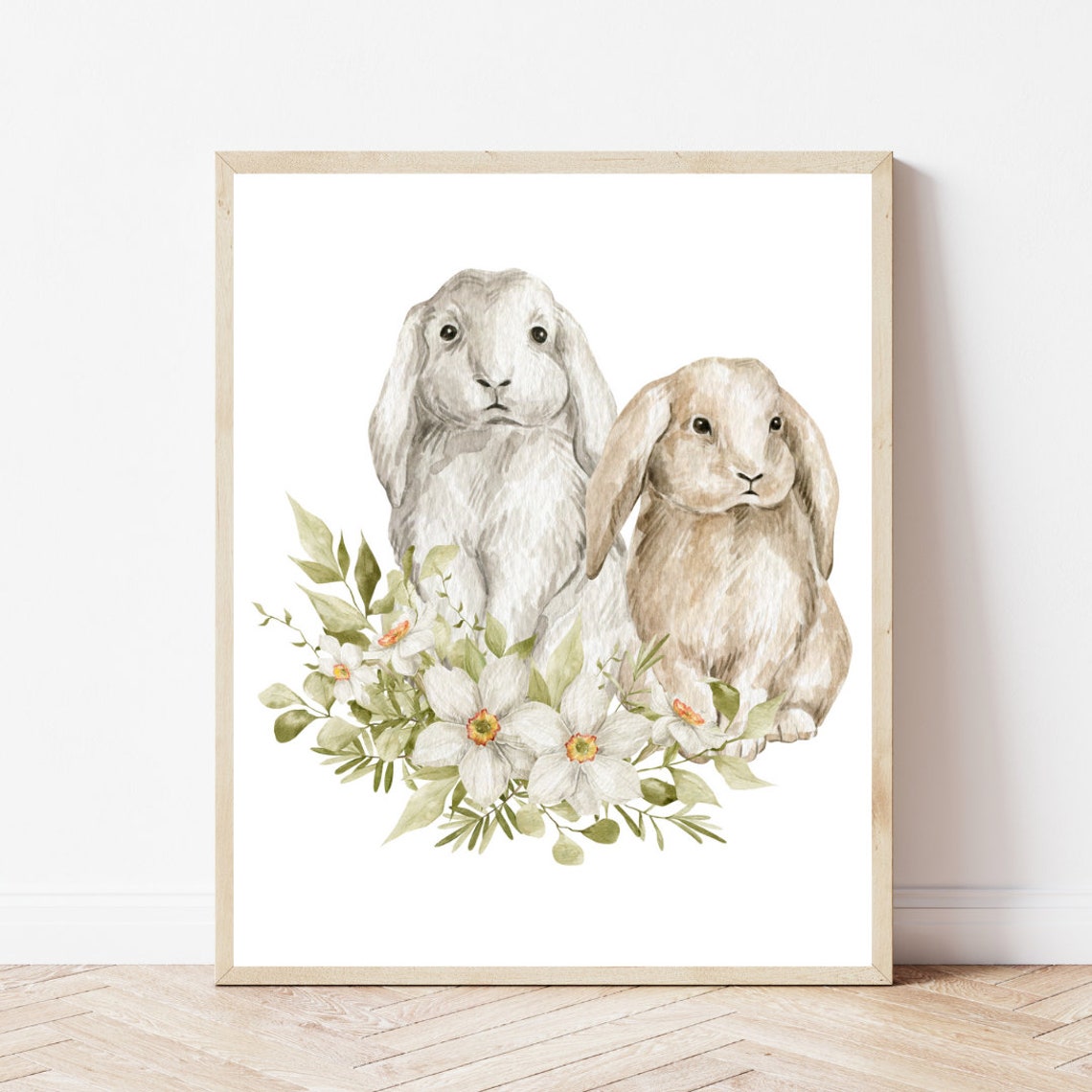 Two Bunny Rabbits Watercolor Easter Spring Floral Art Poster - Image 2