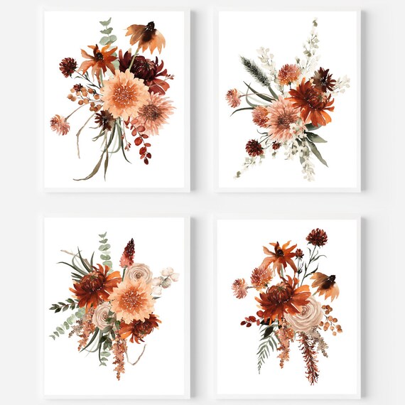 Fall Wildflower Bouquet Burnt Orange Rustic Watercolor Set Poster