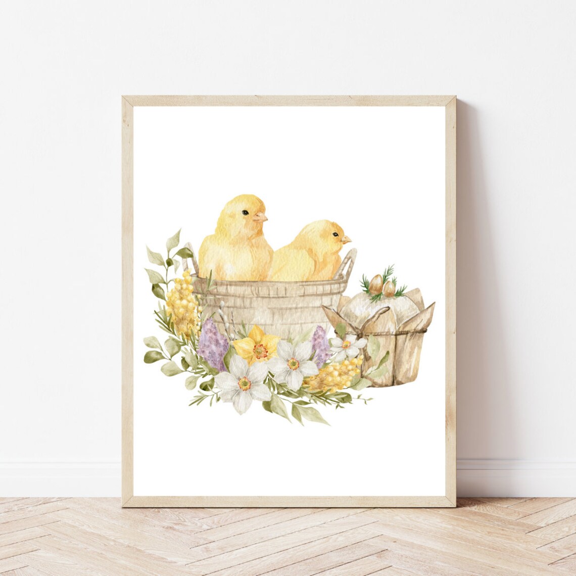 Baby Chicks Easter Basket Spring Flowers Watercolor Art Poster - Image 2