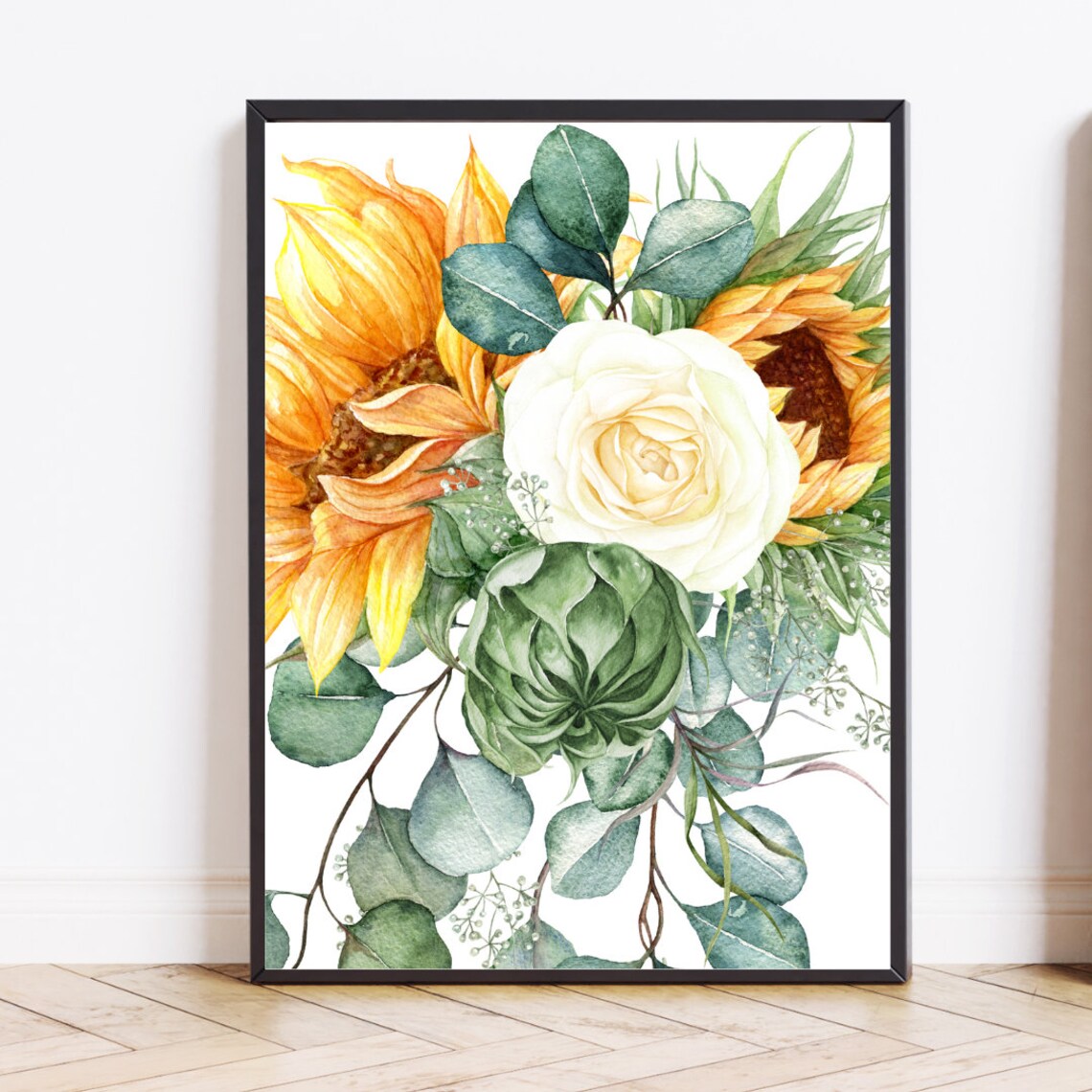 Baby Elephant Nursery Watercolor Sunflower Floral Set of 3 Poster - Image 2
