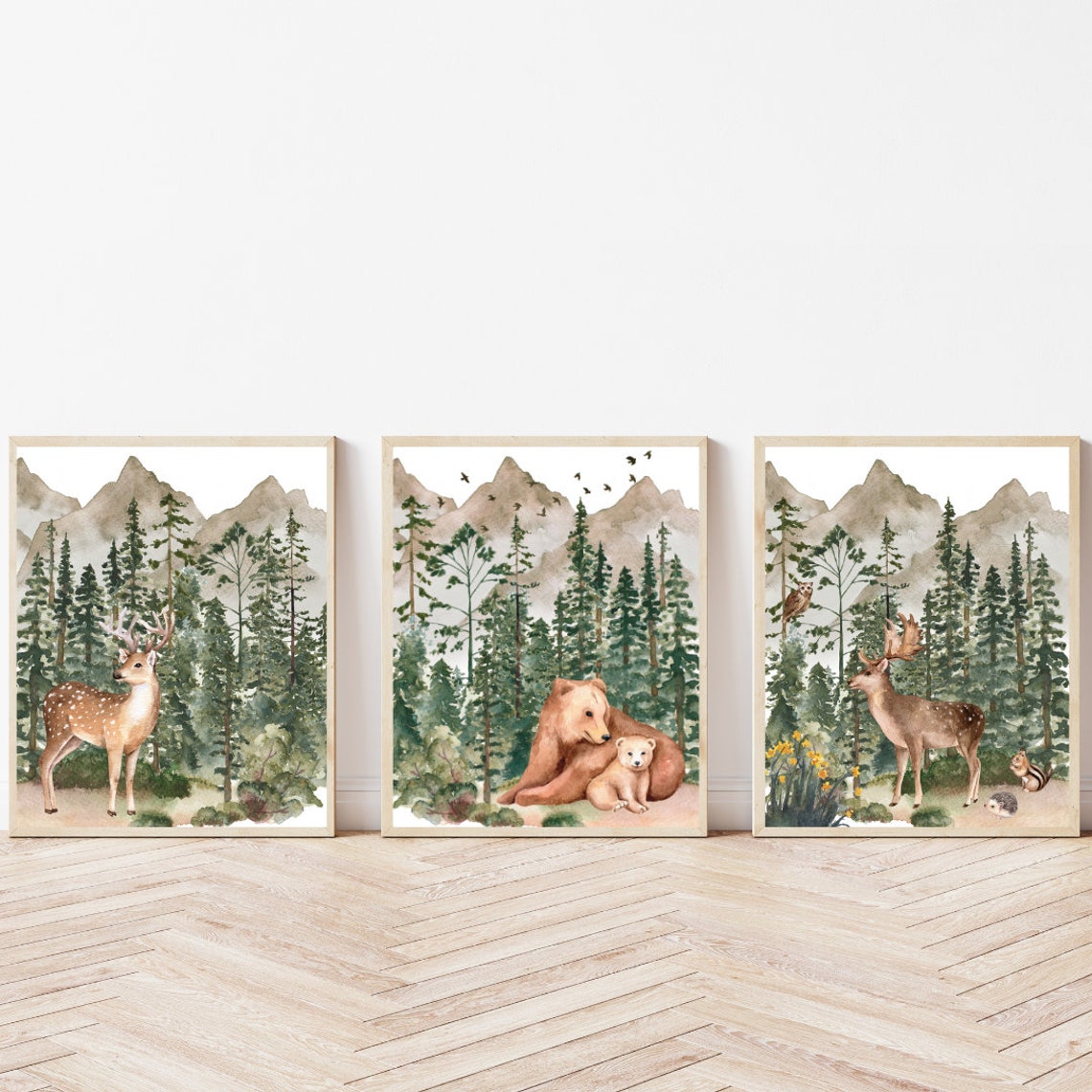 Forest Woodland Nursery Animals Print Set Of Three Stag And Bear