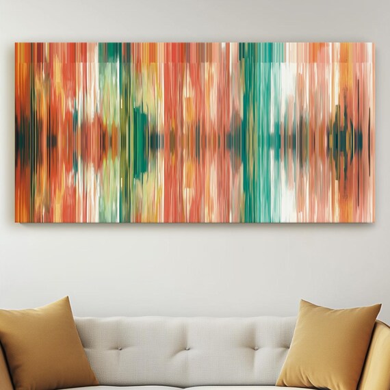 Muted Coral and Green Vertical Brushstroke Echo Abstract Poster