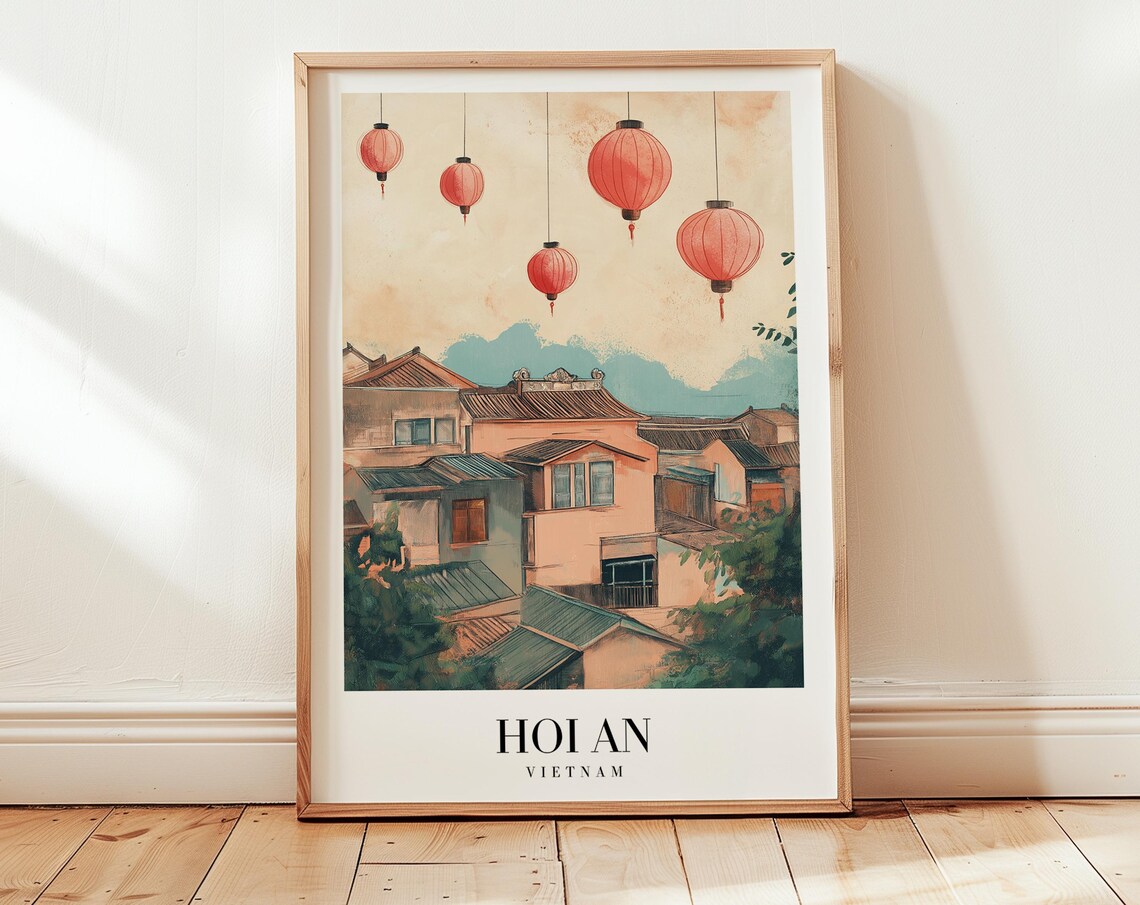 Hoi An Vietnam Lantern Old Town Serene Charming Retro Travel Poster