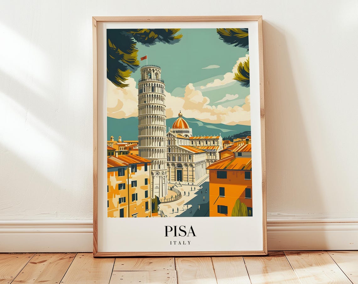 Pisa Italy Leaning Tower Cathedral Cypress Vintage Travel Poster