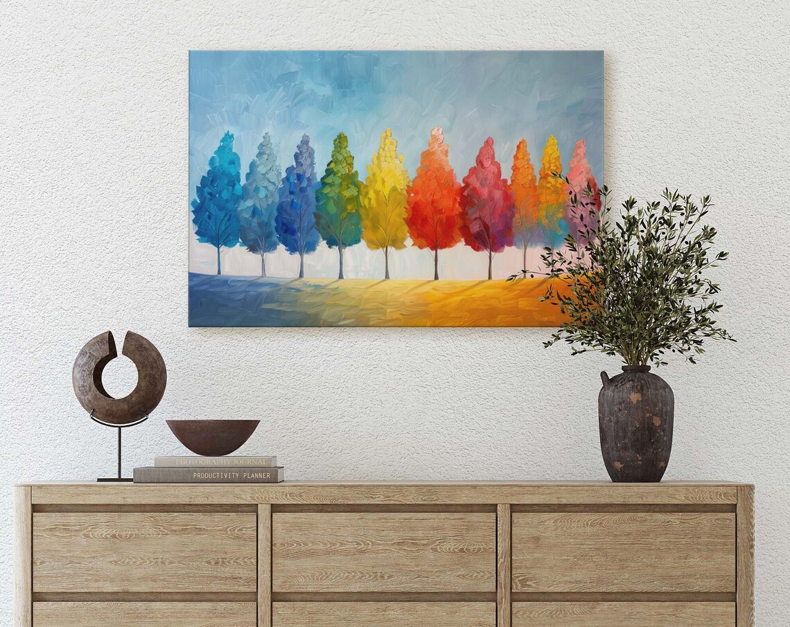 Colorful Trees Row Blue Yellow Red Seasons Modern Landscape Art Poster