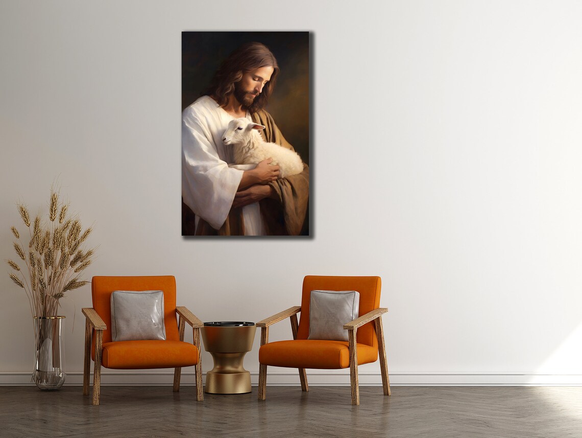Jesus Holding Lamb Gentle Dark Background Faith Christian Wall Art Poster