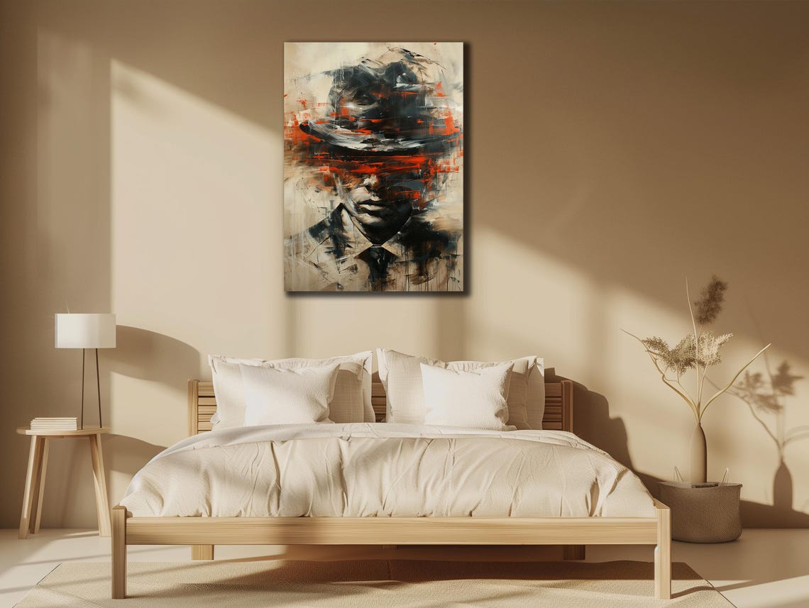 Mysterious Man Hat Abstract Red Black Portrait Urban Edgy Wall Poster - Image 3