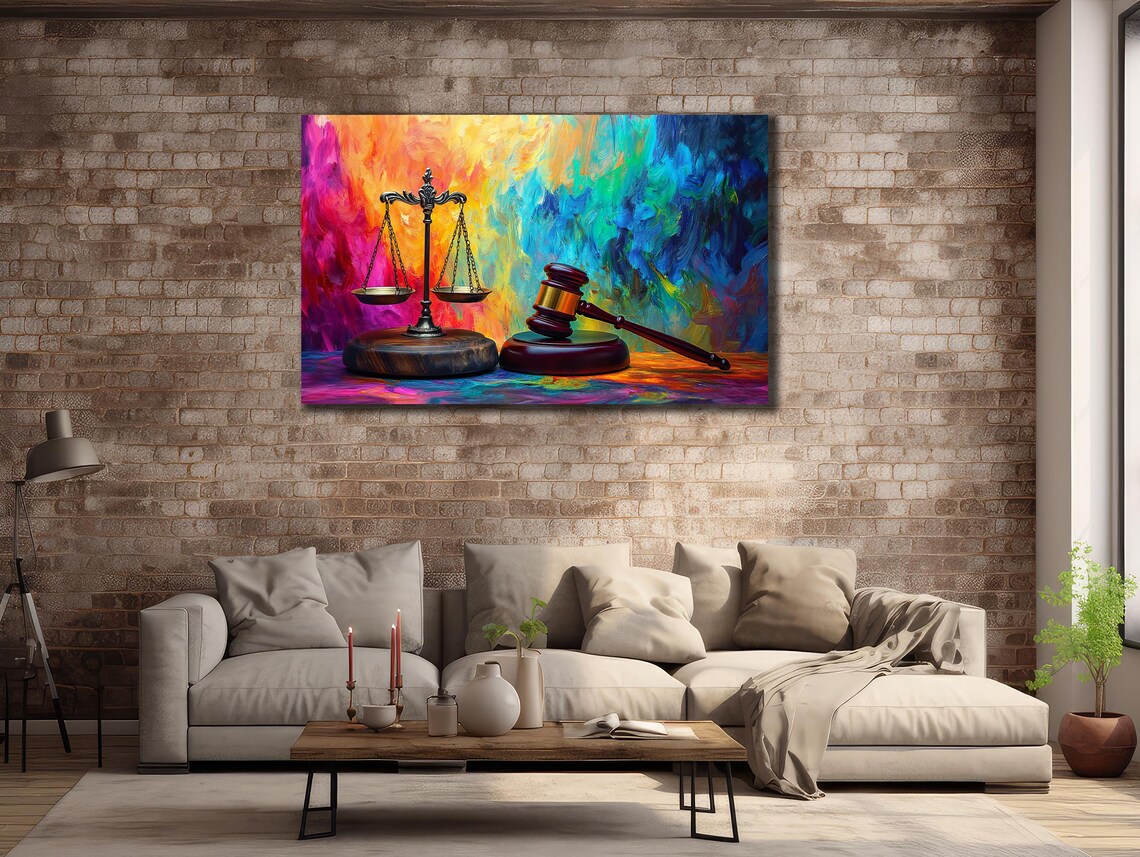 Justice Scales And Gavel Rainbow Brushstroke Law Office Decor Poster
