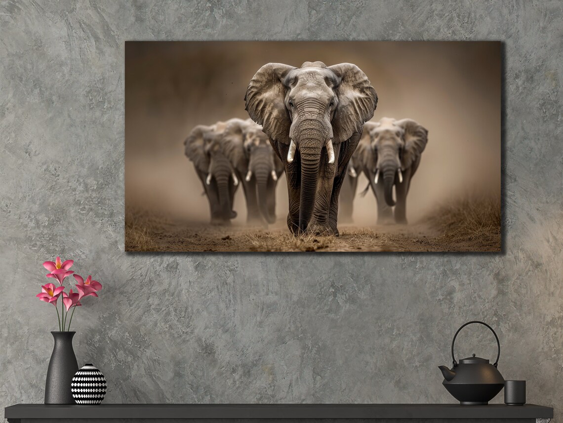Elephant Herd Walking Dust Sepia Wildlife Photography Art Poster - Image 3