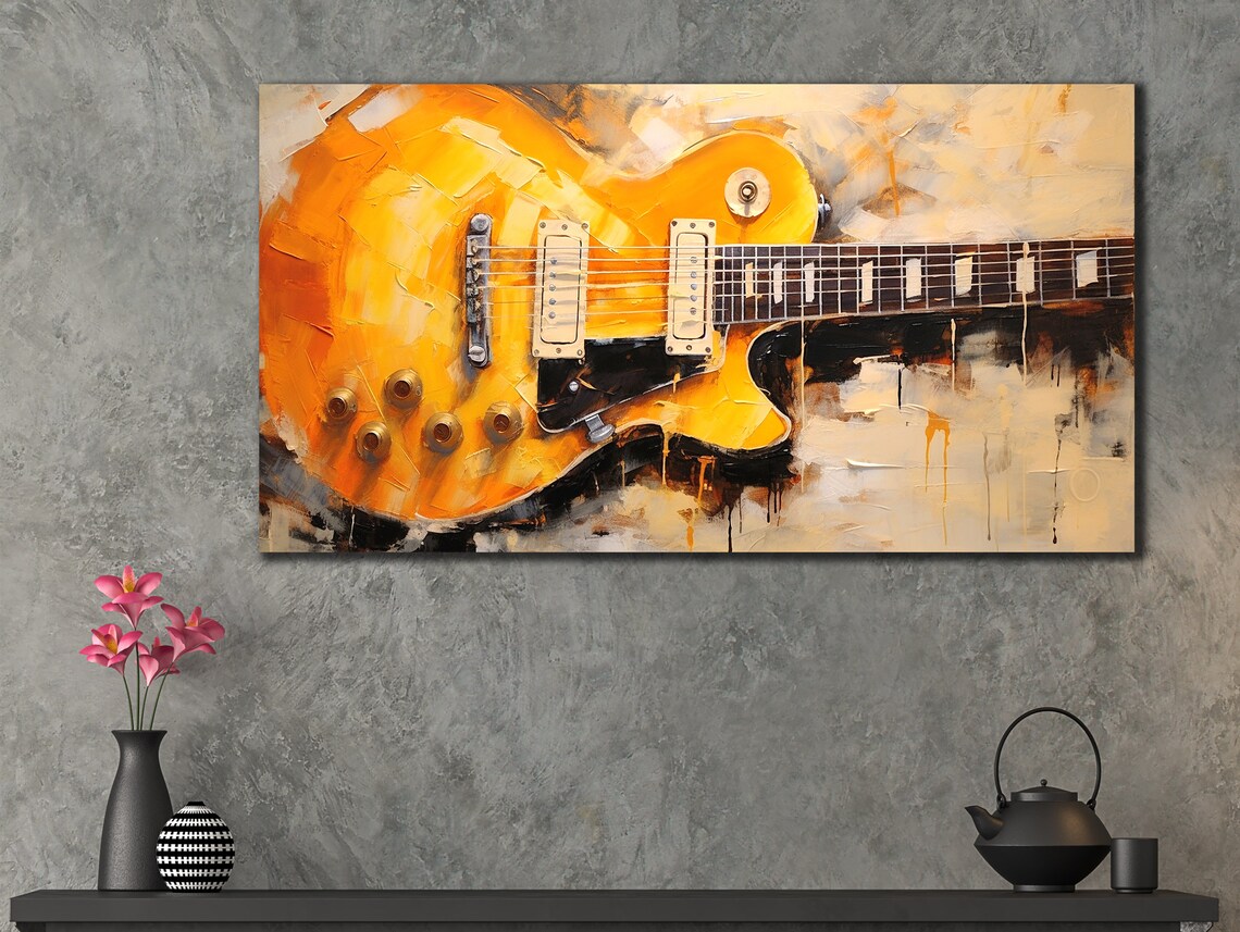 Golden Electric Guitar Textured Oil Painting Rock Music Decor Poster - Image 3