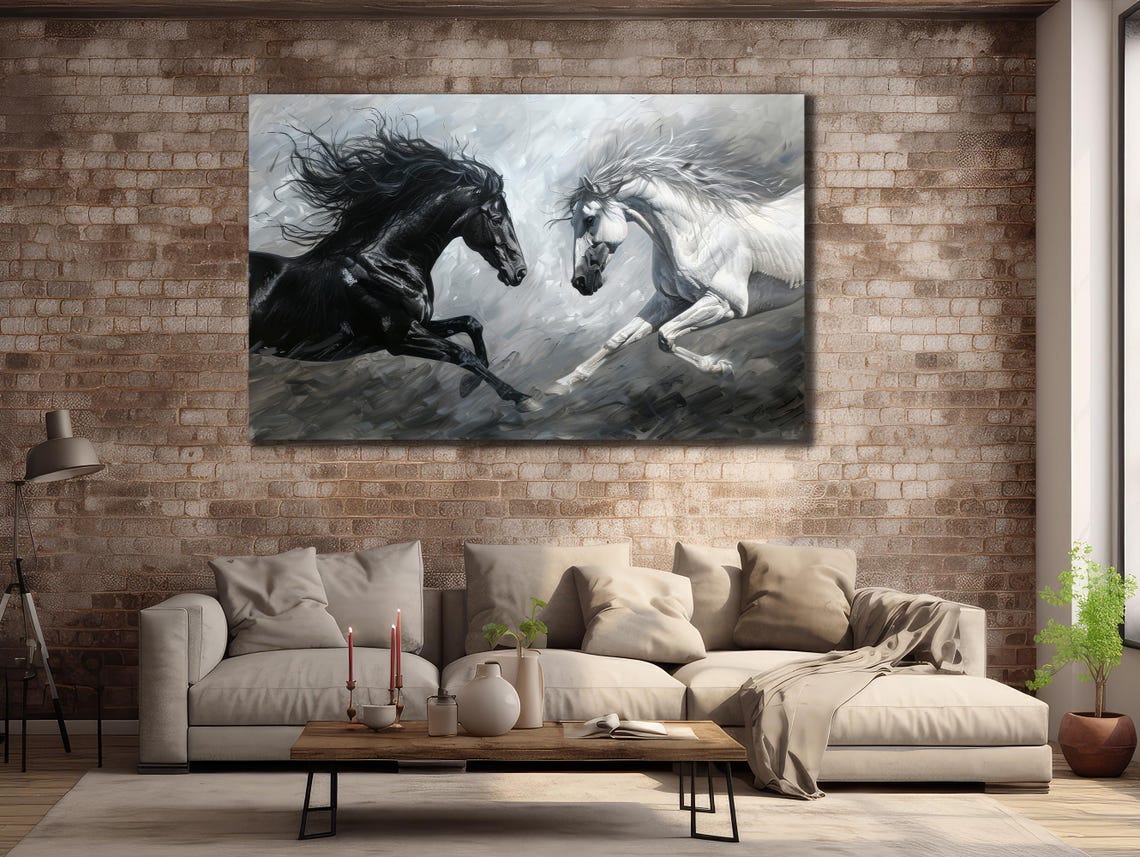 Black and White Horses Galloping Misty Grey Stallions Running Print - Image 3