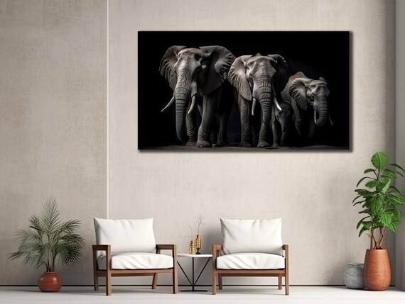 African Elephant Herd Black Background Dramatic Wildlife Wall Art Poster
