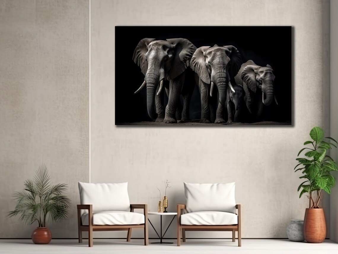 African Elephant Herd Black Background Dramatic Wildlife Wall Art Poster