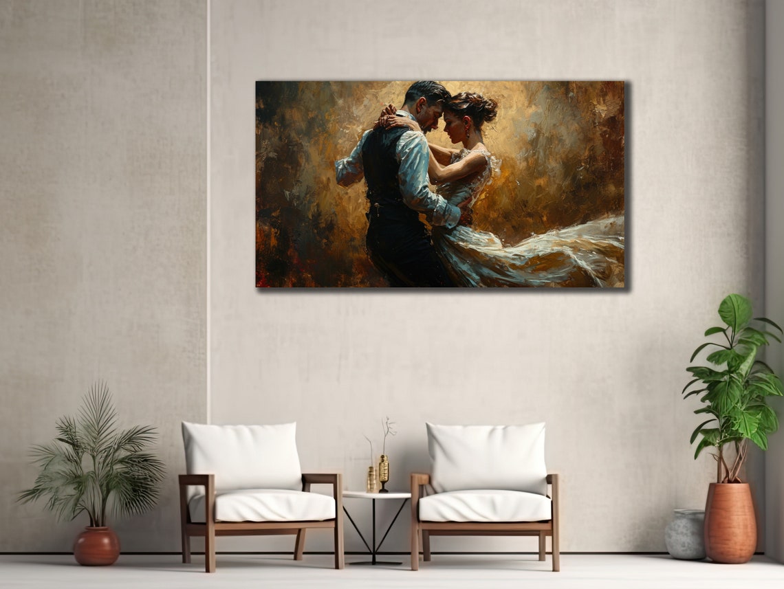 Romantic Couple Tango Dancing Embrace Golden Painting Wall Poster - Image 3