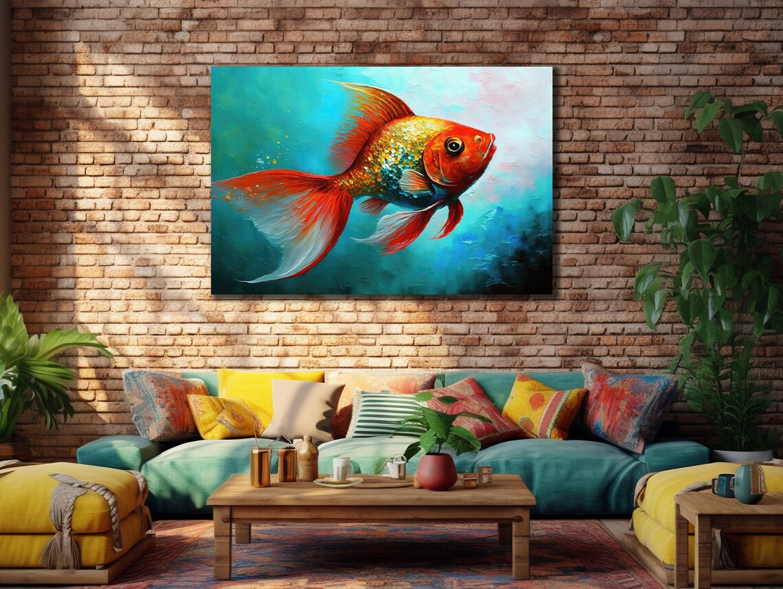 Orange Goldfish Flowing Silk Fins Teal Underwater Wall Art Print - Image 2