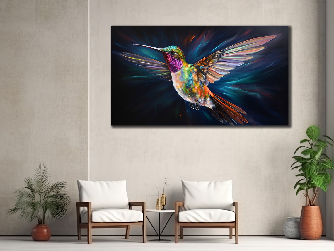 Rainbow Hummingbird Flight Iridescent Wings Dark Wall Art Print