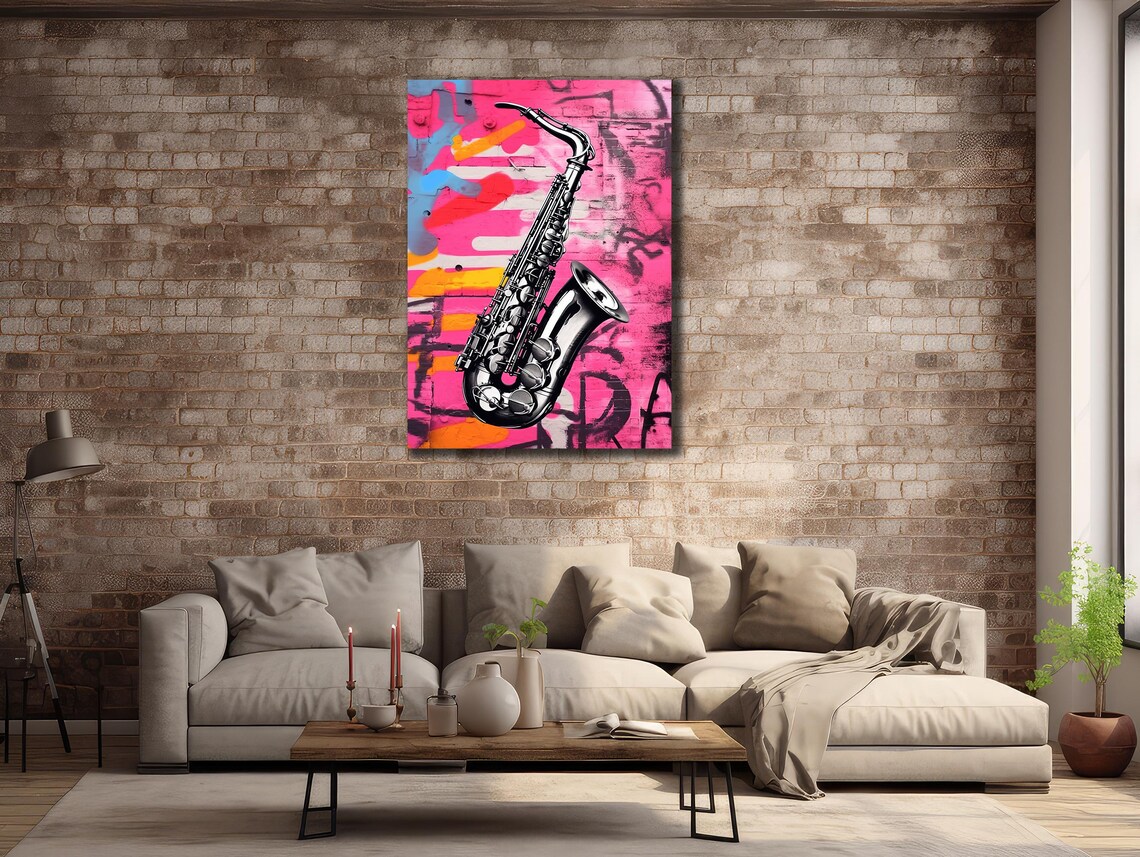 Pop Art Saxophone Jazz Music Modern Neon Pink Graffiti Wall Poster - Image 2