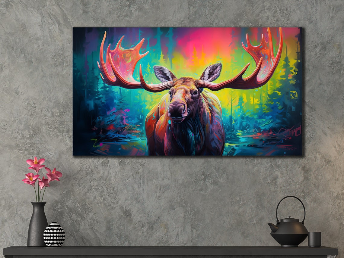 Colorful Moose Antlers Aurora Forest Neon Wildlife Wall Poster - Image 3