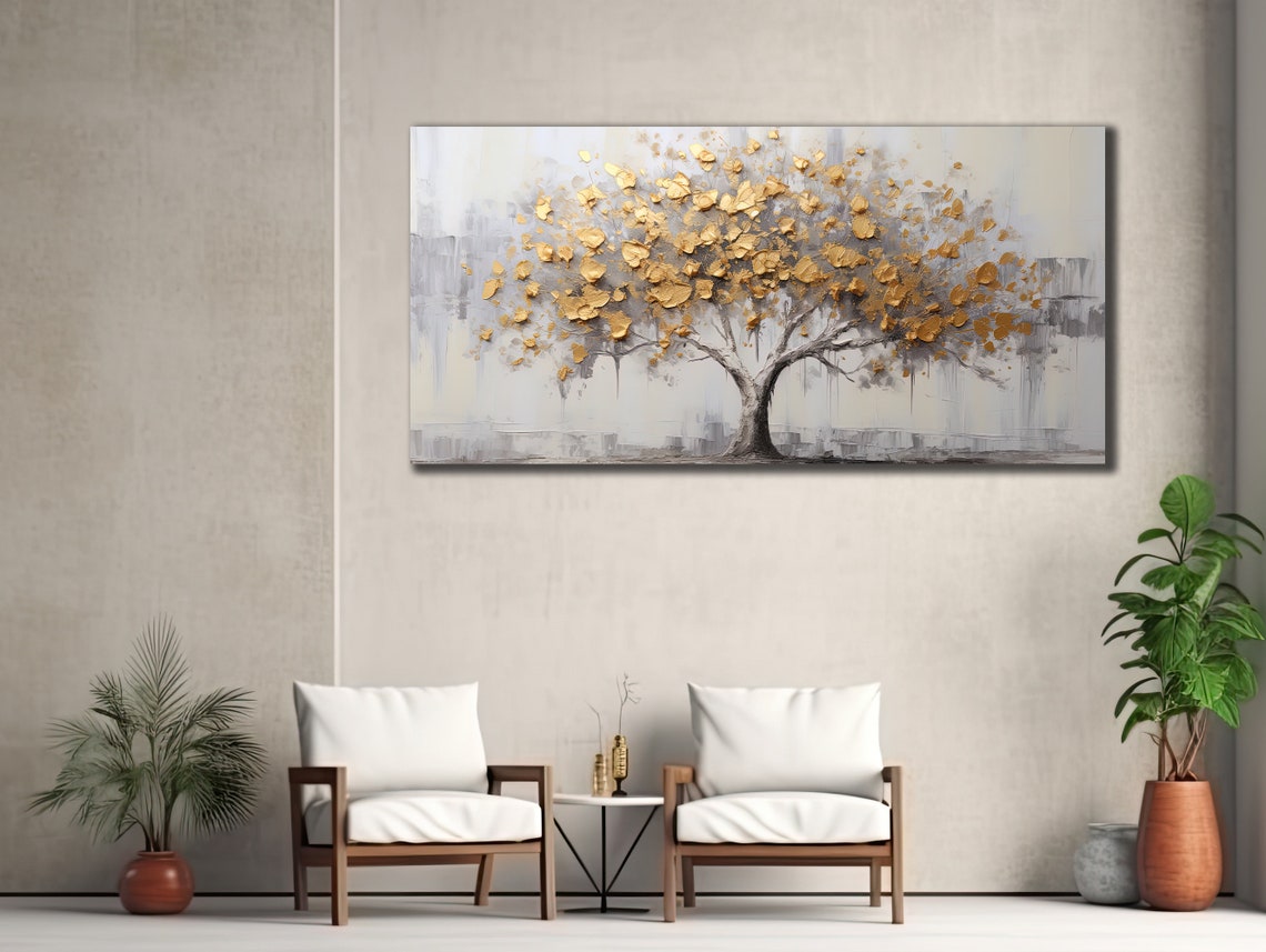 Gold Leaf Tree Falling Golden Leaves Gray Abstract Wall Art Poster - Image 2