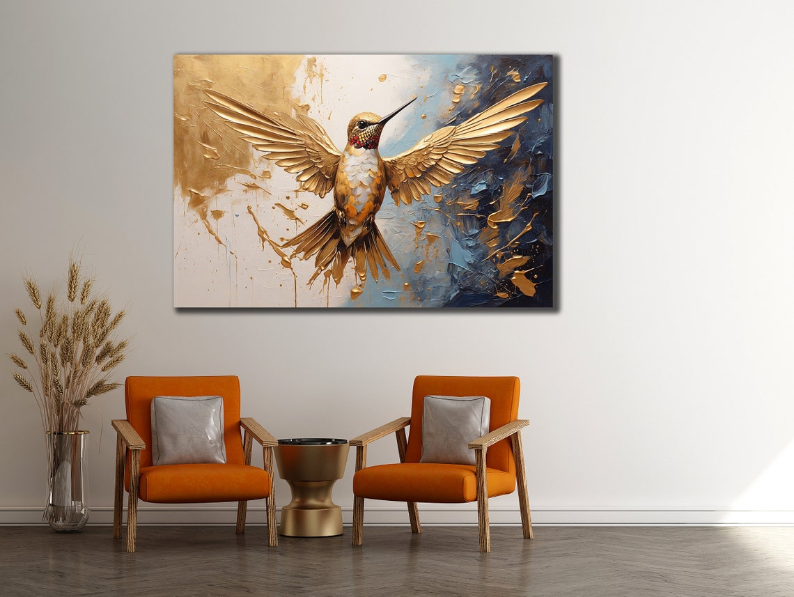 Golden Hummingbird Spread Wings Blue Gold Abstract Bird Wall Art - Image 2
