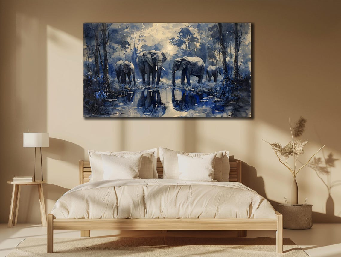 Elephant Herd Blue Forest Waterhole Misty Reflection Wildlife Poster