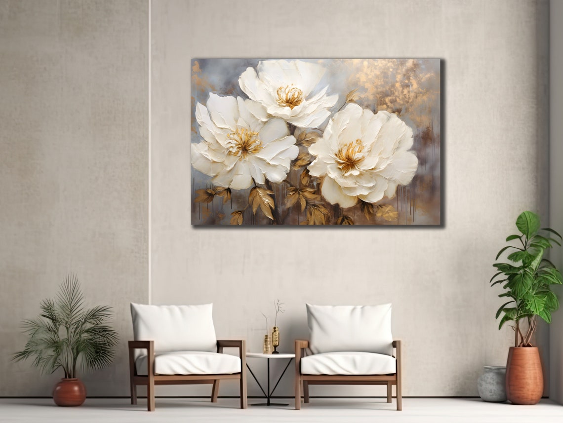 White Gold Flowers Soft Elegant Floral Painting Wall Decor Poster - Image 2