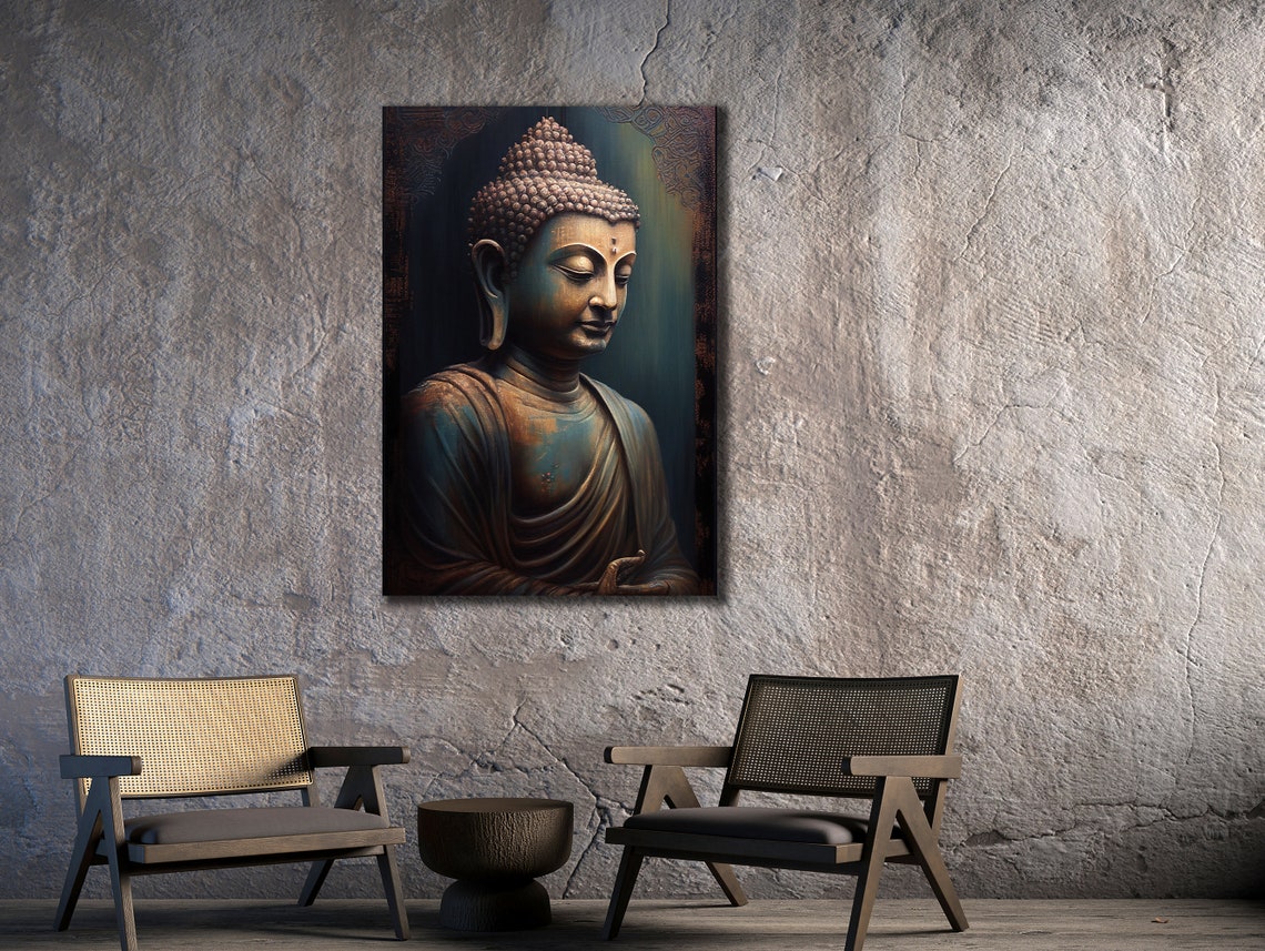 Buddha Meditation Statue Bronze Tones Serene Spiritual Wall Art Print - Image 2