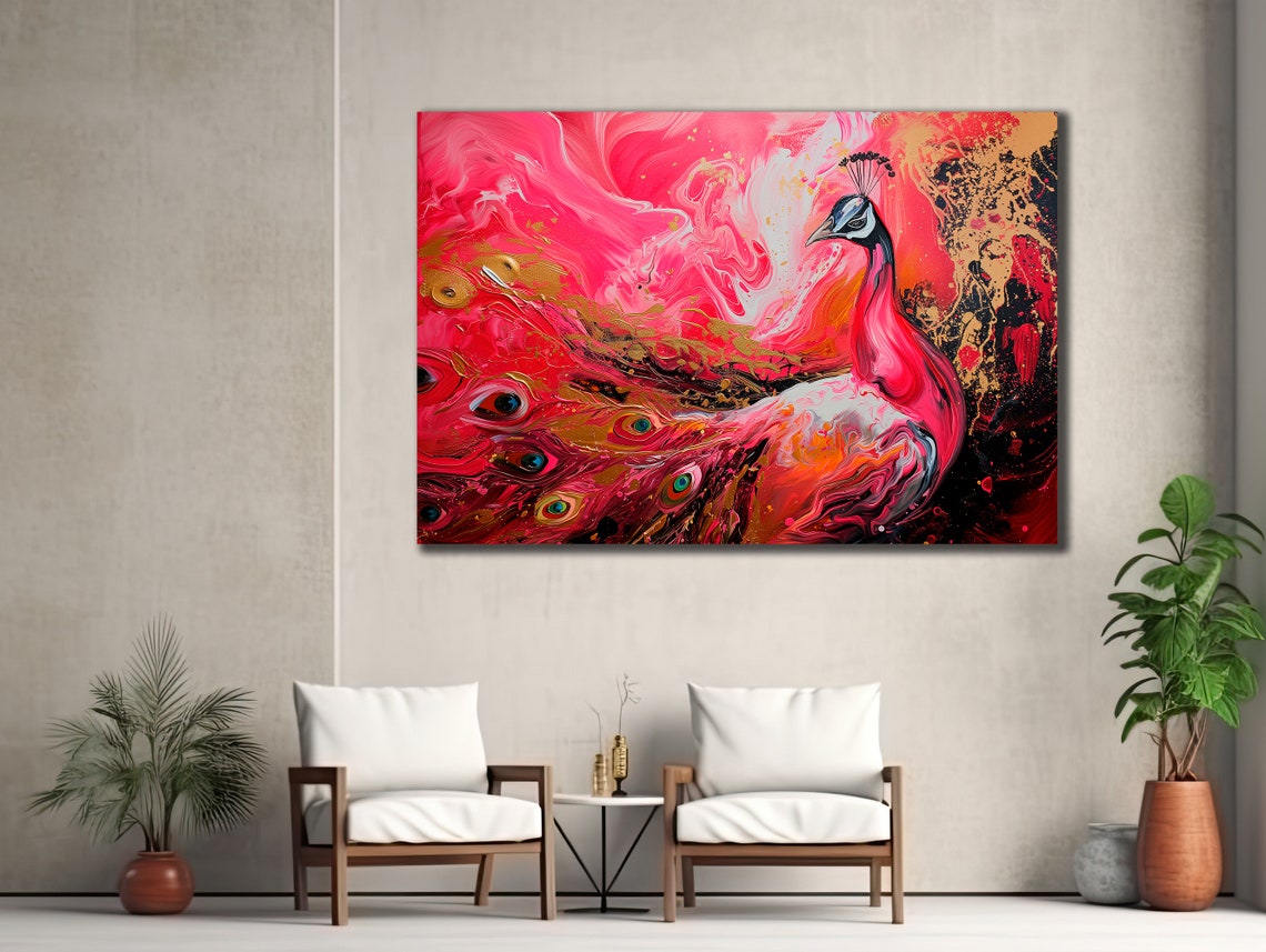 Pink Gold Abstract Peacock Fluid Acrylic Elegant Bird Wall Art Poster - Image 3