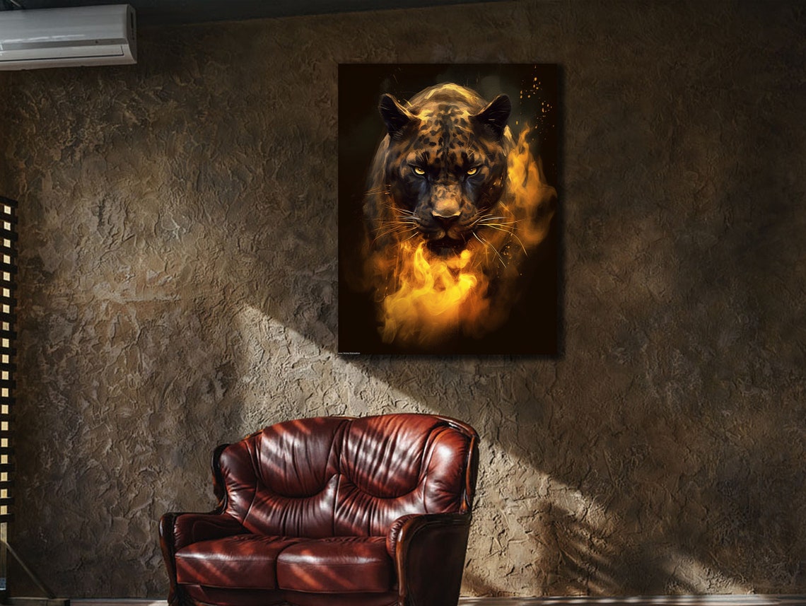 Black Panther Emerging Flames Fire Eyes Dark Wildlife Art Poster